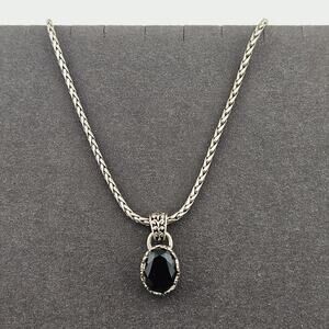 Black Faceted Crystal Pendant Drop Necklace Silver Tone Rope Chain Sophisticated